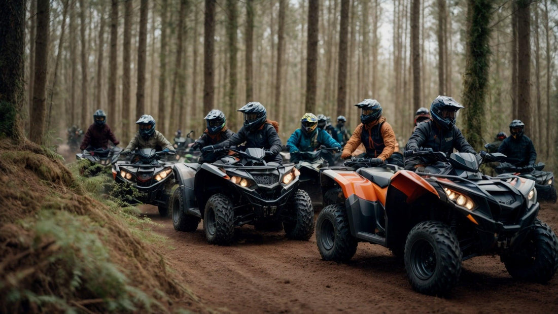 Group of people riding all-terrain vehicles on a dirt trail in the forest