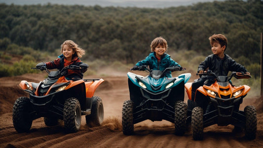Kids riding affordable ATVs on a dirt trail, entry-level four wheelers for beginners