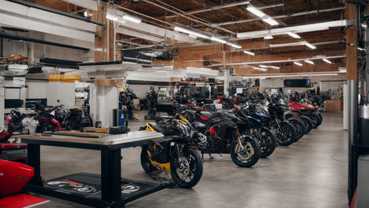 Modern powersports service center with rows of sport motorcycles in a spacious workshop
