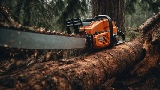 Orange chainsaw cutting through a log in a forest, wood chips flying, outdoor power tool