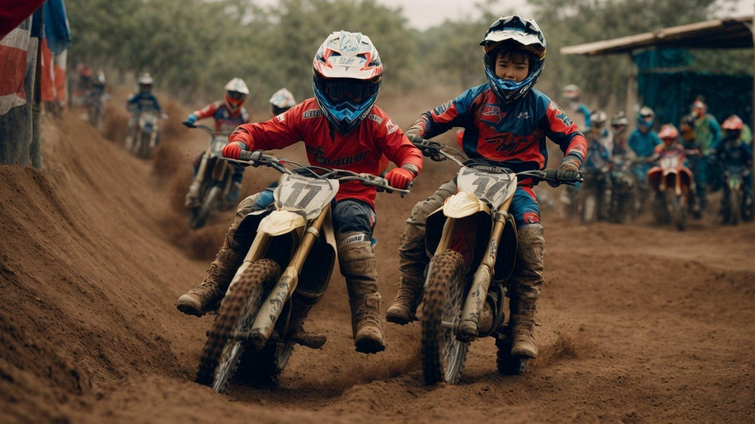 Two kids racing youth dirt bikes on a muddy off-road track surrounded by other riders in the background