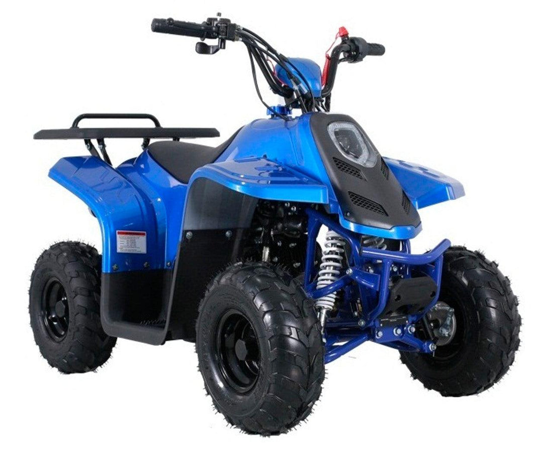 Blue kids beginner 4-wheeler ATV with rugged tires and sturdy frame on white background
