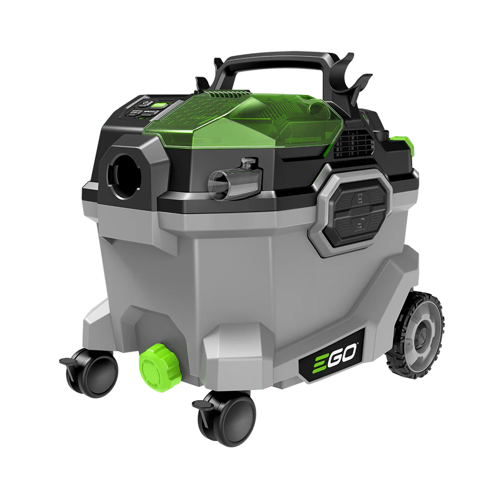 EGO battery-powered wet dry vacuum cleaner with wheels and green lid, portable shop vac