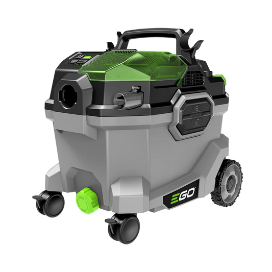 EGO battery-powered wet dry vacuum cleaner with wheels and green lid, portable shop vac