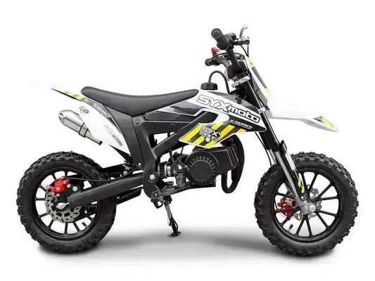 Kids small dirt bike with off-road tires and SYXmoto graphics, side profile view