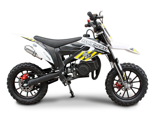 50cc kids mini dirt bike with knobby tires and sporty graphics, beginner off-road motorcycle