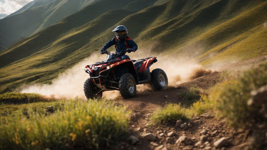 Person riding red ATV on dirt trail in scenic green hills, all-terrain vehicle adventure