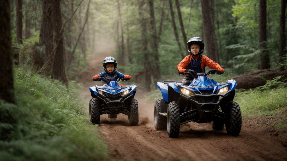 Two kids riding blue youth ATVs on a dirt trail in a forest, wearing helmets and jackets