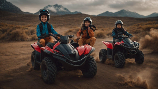 Kids riding red all-terrain vehicles on dirt trail with mountains in background