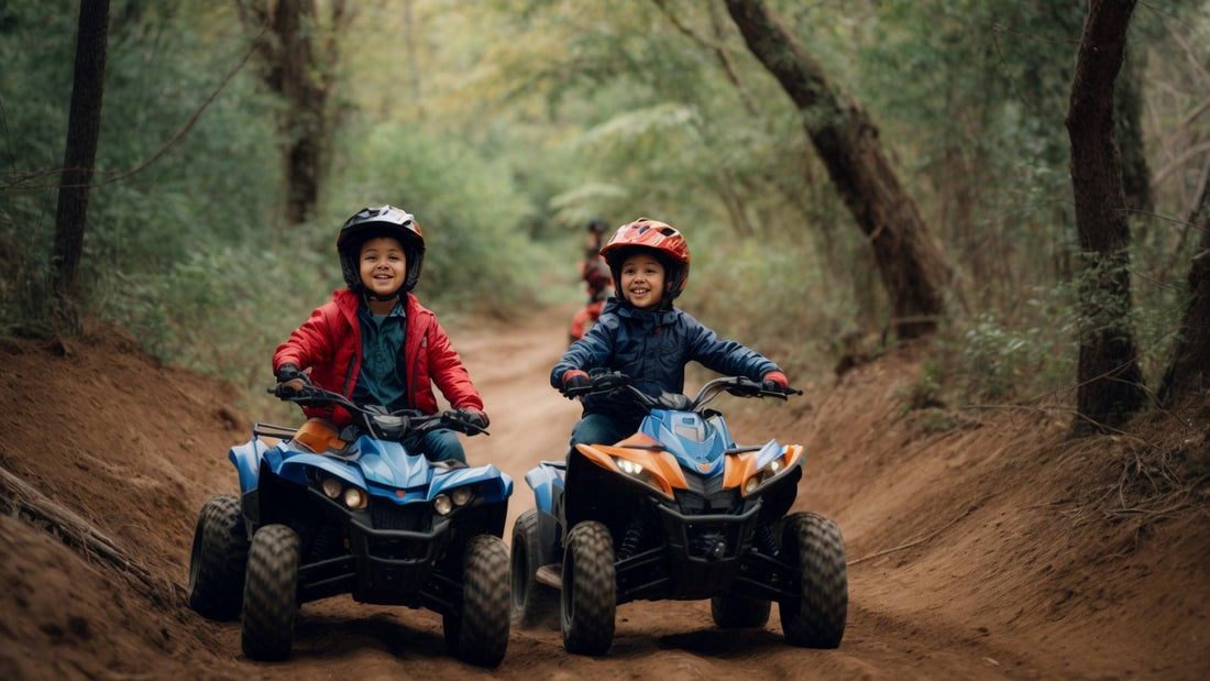 Kids riding all-terrain vehicles on a forest trail, wearing helmets for safety.