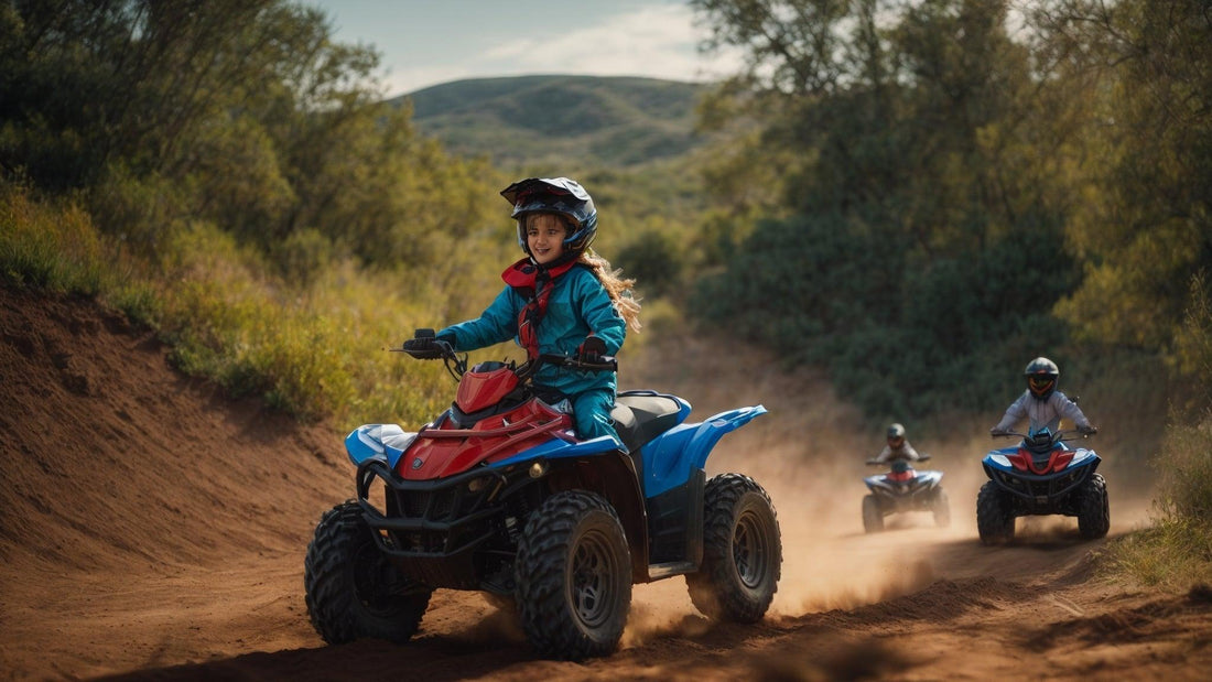 Kids riding ATVs on a dirt trail in helmets and protective gear outdoors