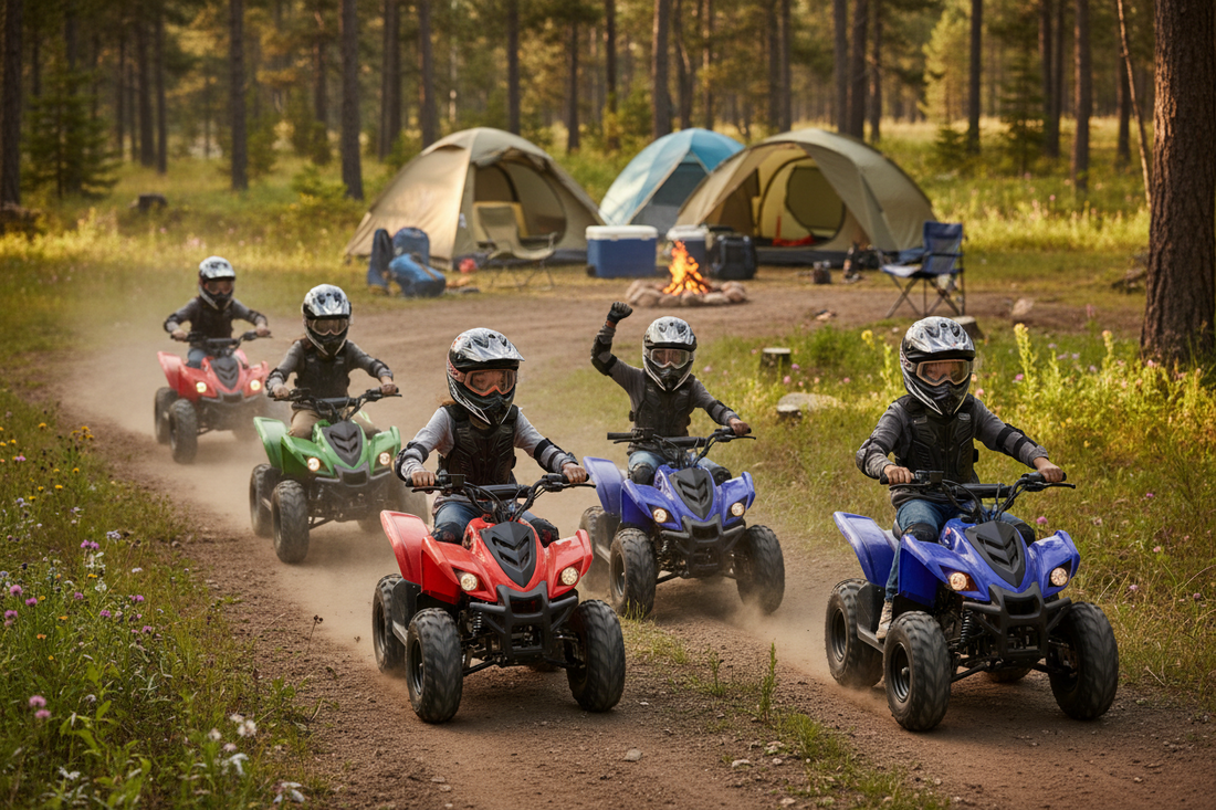 Kids riding ATVs near tents and campfire in forest, showcasing youth outdoor adventure vehicles