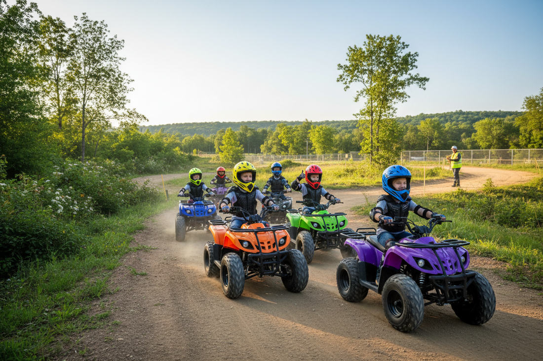 Kids riding colorful ATVs on a dirt trail outdoors, wearing helmets and safety gear.