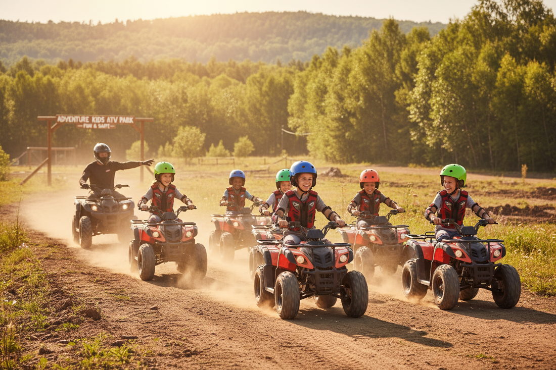 Group of kids riding ATVs on a dirt trail at an outdoor park, wearing helmets and safety gear.