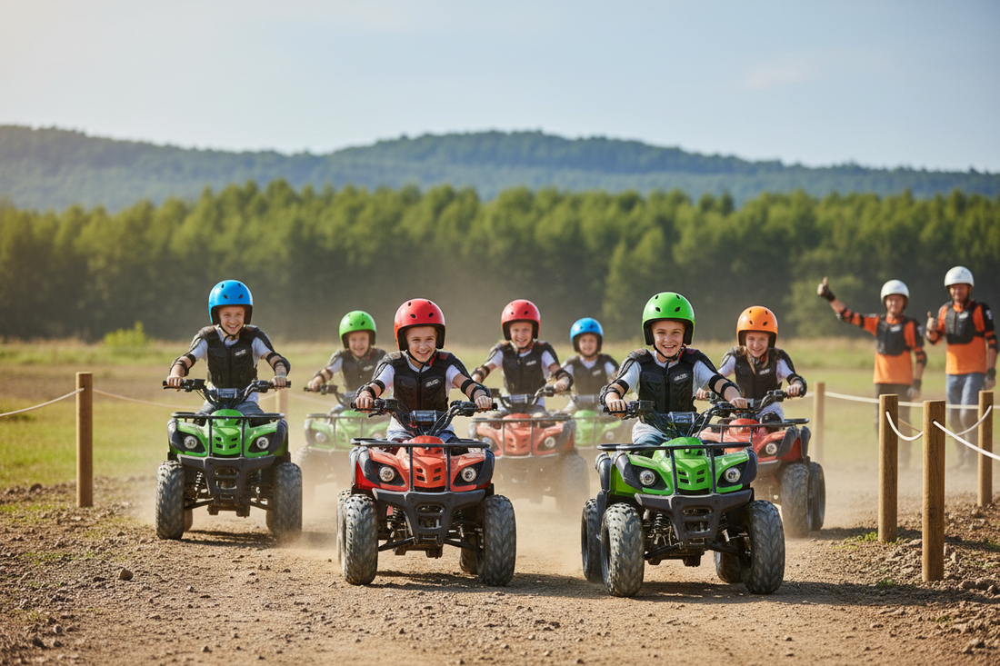 Kids riding ATVs on a dirt track outdoors, wearing helmets and safety gear, enjoying a group adventure.