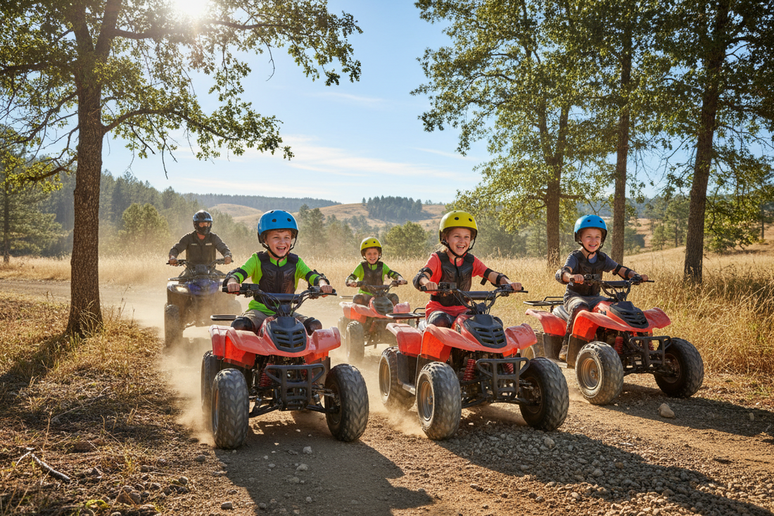 Kids riding red ATVs on a dirt trail outdoors, wearing helmets and protective gear.