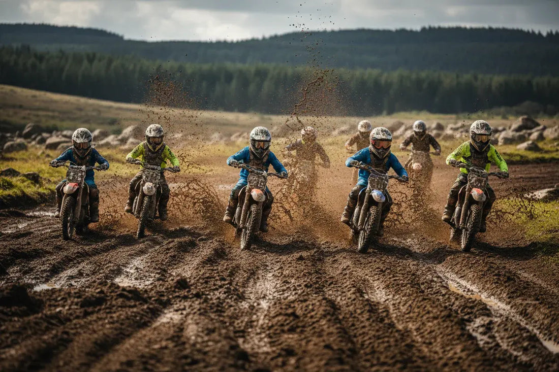 Kids riding dirt bikes through mud on an off-road trail, wearing helmets and gear