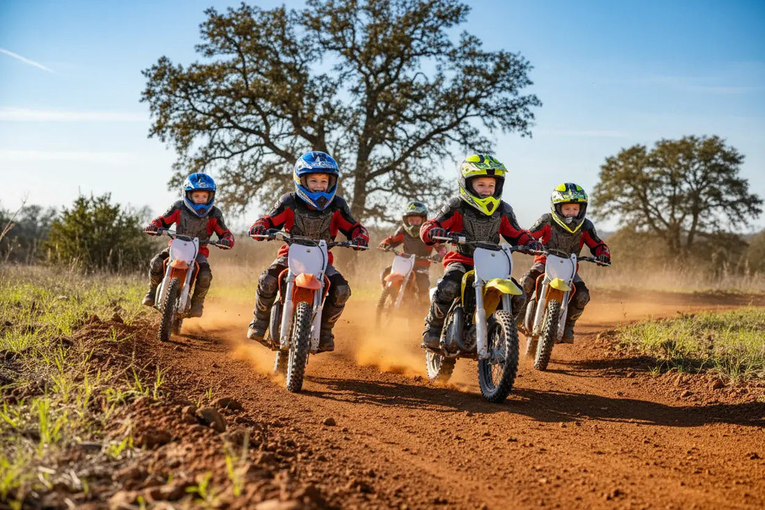 Kids riding dirt bikes with helmets and gear on a dirt trail outdoors