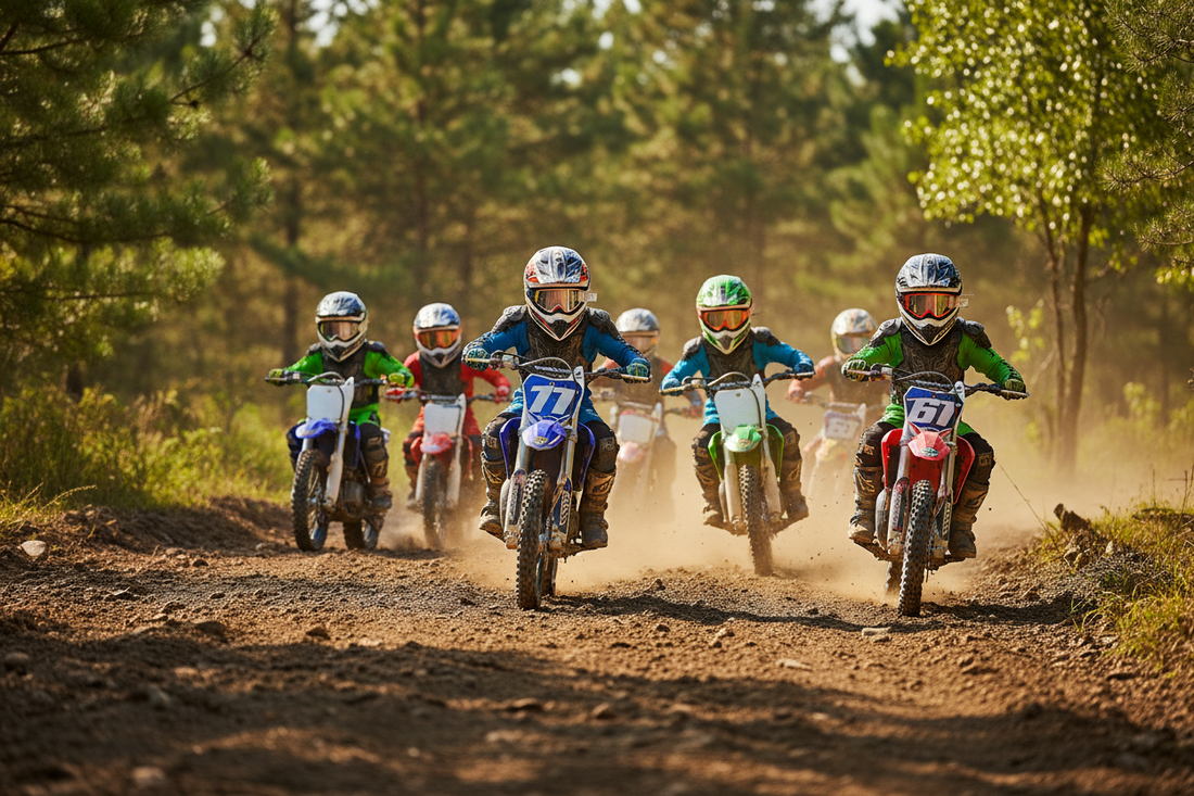 Kids riding dirt bikes on a forest trail, wearing helmets and protective gear