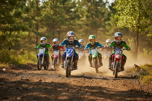 Kids riding dirt bikes on a forest trail, wearing helmets and protective gear