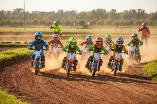 Group of kids riding dirt bikes on an outdoor dirt track in racing gear