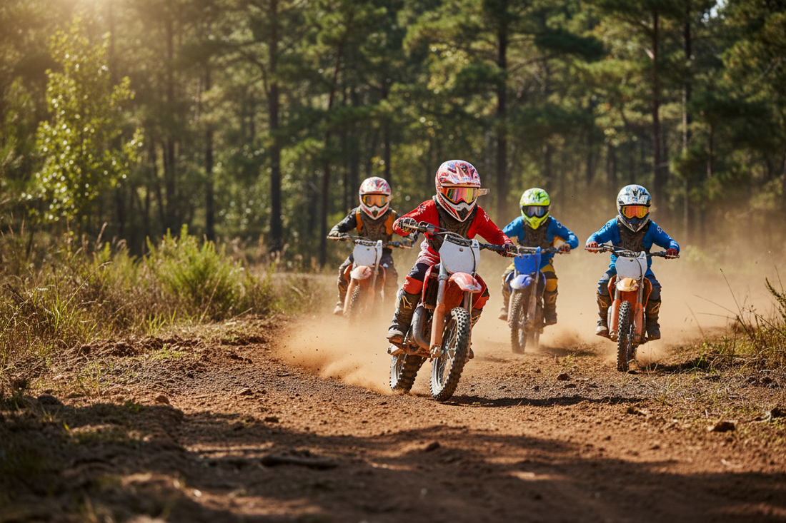 Kids riding dirt bikes on a dusty forest trail, wearing helmets and protective gear.