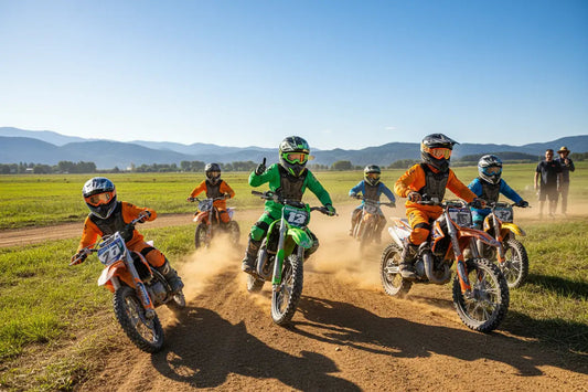 Kids riding dirt bikes on a dirt trail outdoors with mountains in the background