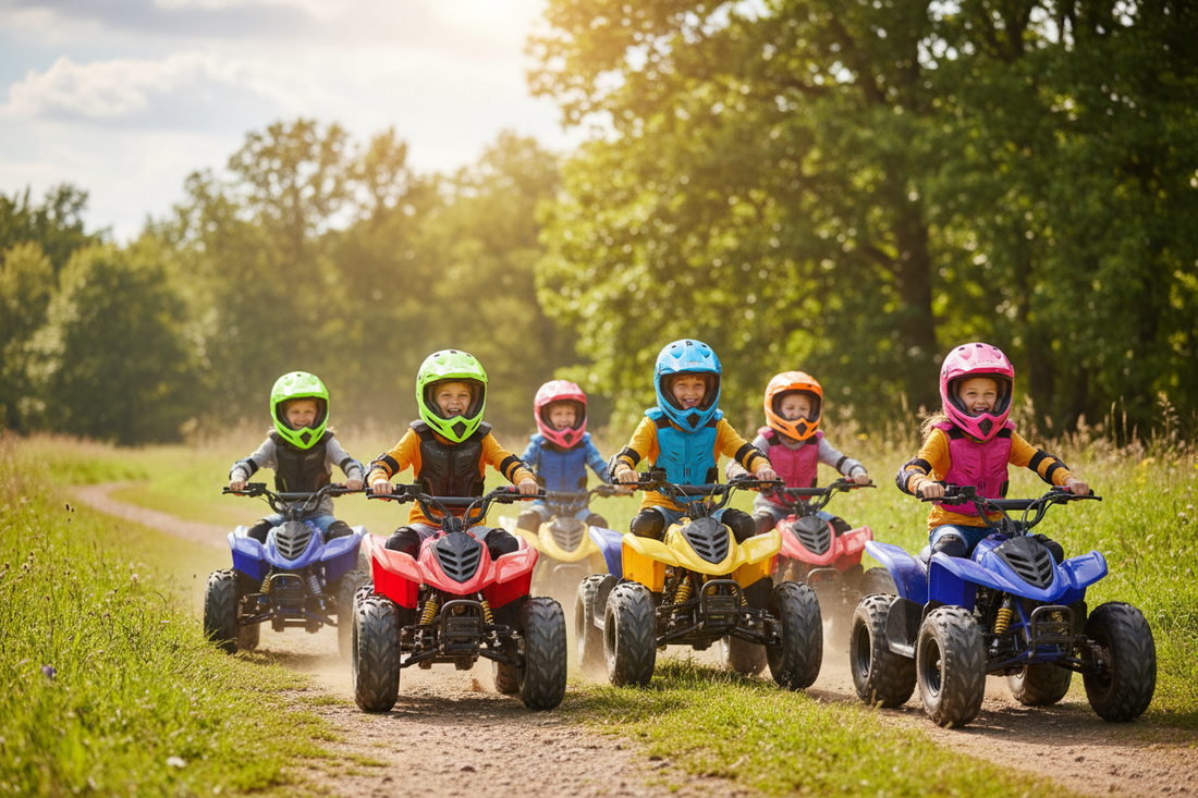 Kids riding colorful youth ATVs outdoors on a dirt trail, wearing helmets and safety gear.