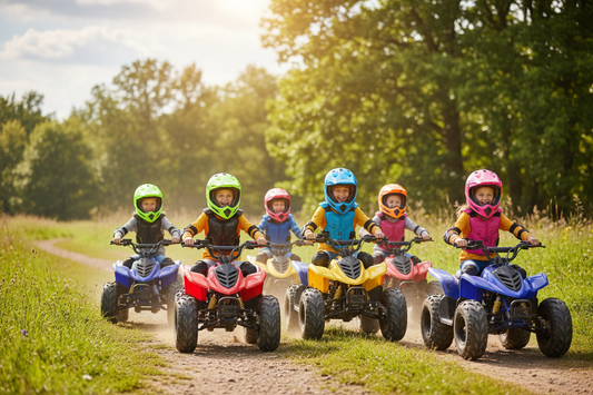 Kids riding colorful youth ATVs outdoors on a dirt trail, wearing helmets and safety gear.