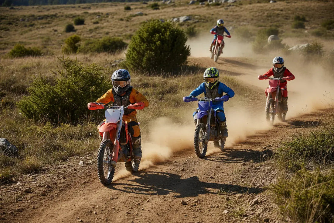 Kids riding off-road dirt bikes on a dusty trail in outdoor countryside terrain