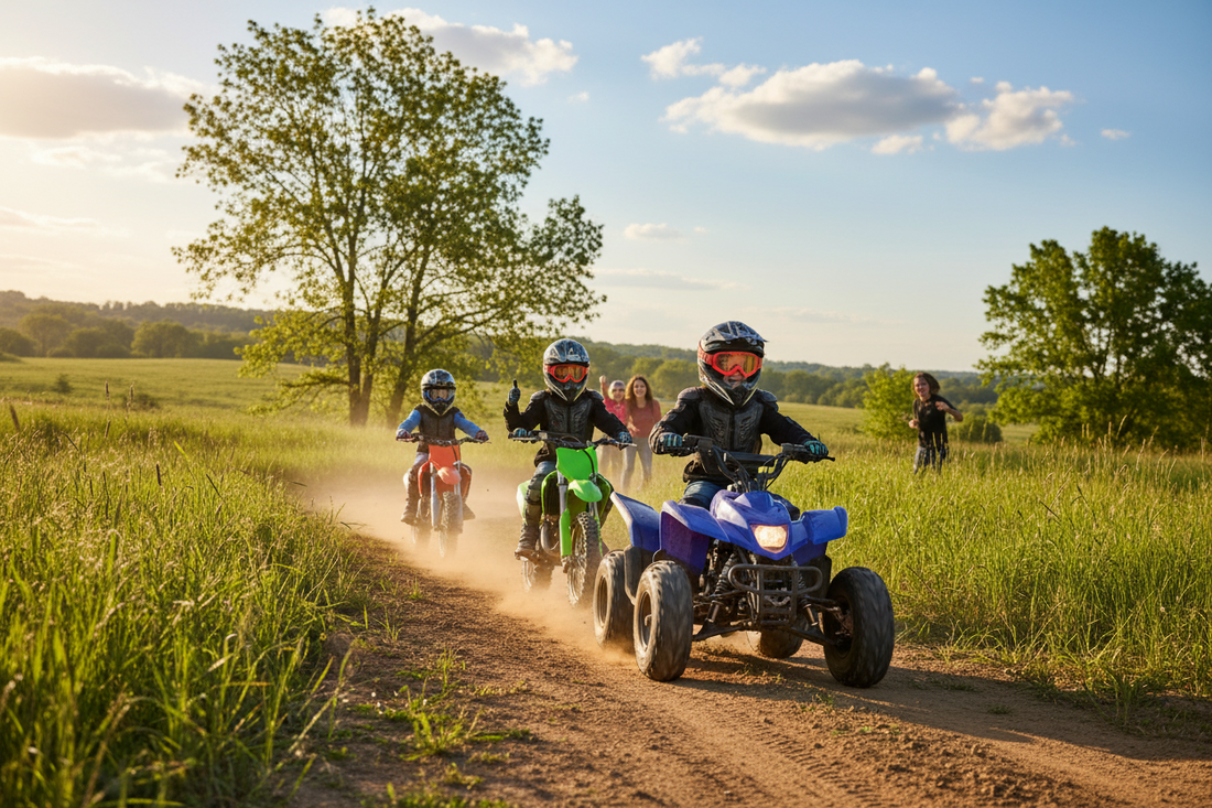 Kids riding ATV and dirt bikes on a dirt trail outdoors with safety gear in a sunny field