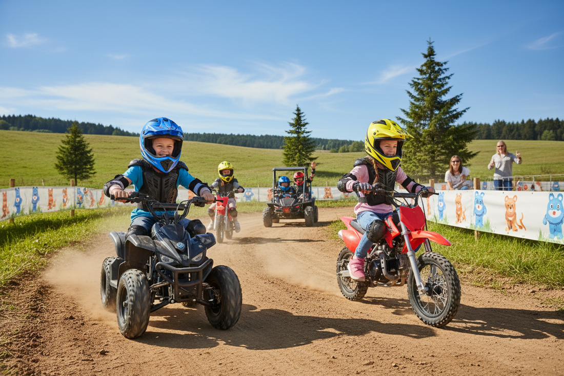 Kids riding ATVs, dirt bikes, and go-karts on an outdoor dirt track with safety gear