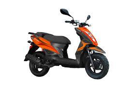 Orange and black Kymco scooter side view, compact modern moped design