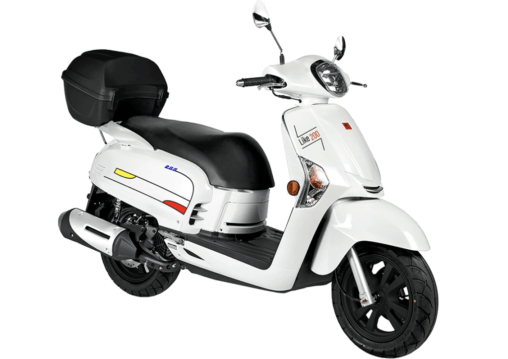 White Kymco Like 200 scooter with top case and modern design, side view