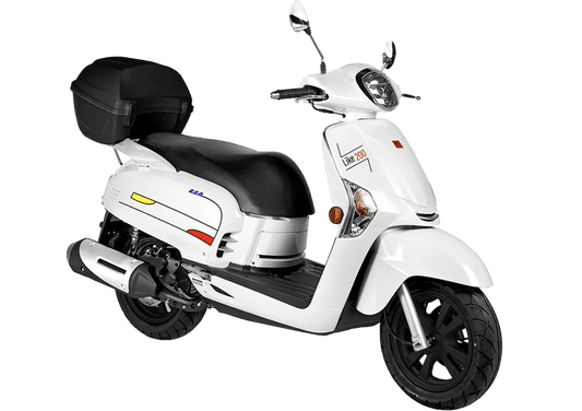 White Kymco Like 200 scooter with top case and modern design, side view
