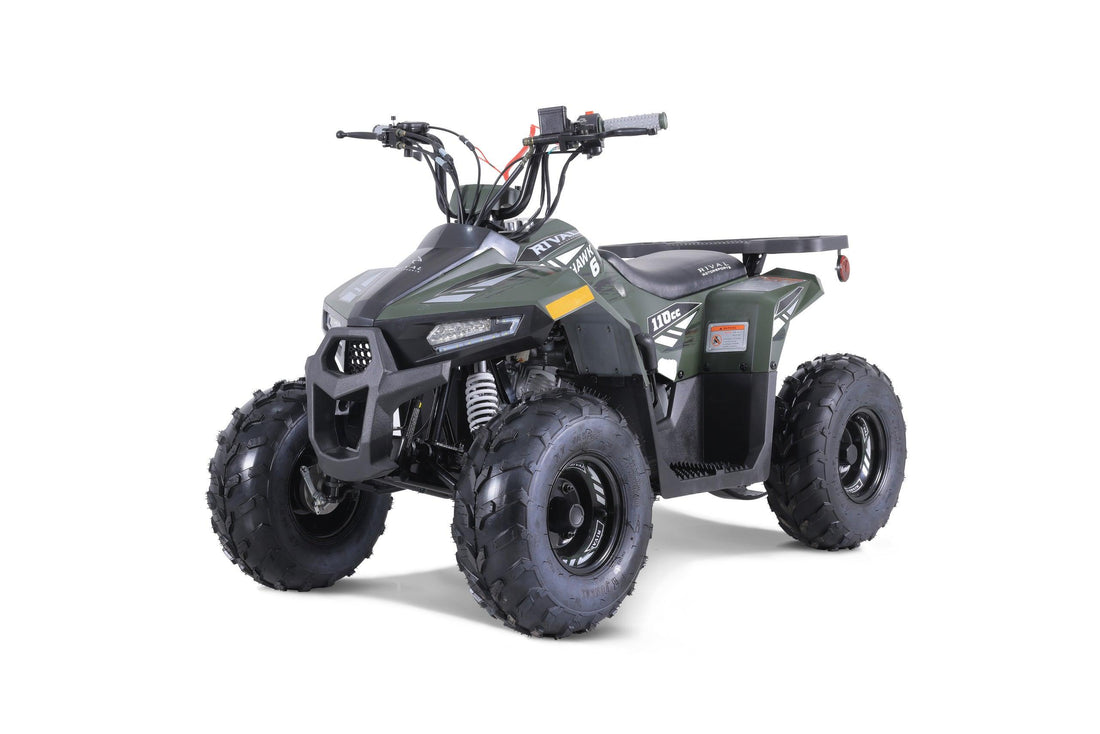 Green 110cc youth ATV with rugged tires and sporty design on white background