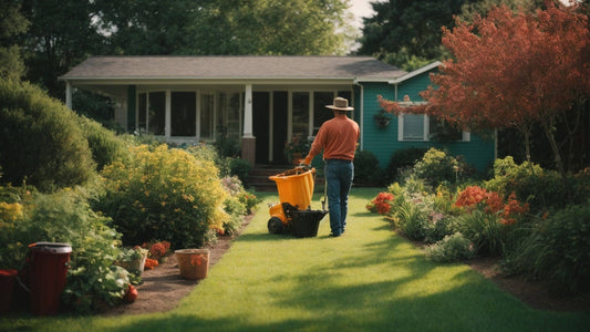 Person using yellow lawn equipment on a green yard with lush garden and a house in background