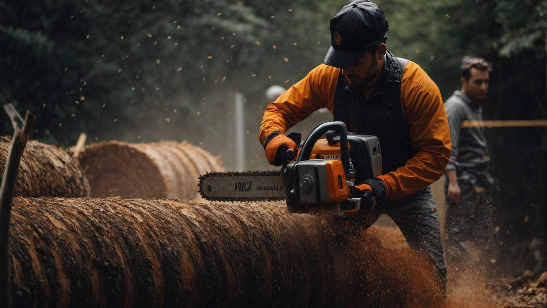 Worker using a chainsaw to cut large log outdoors, lawn and garden equipment in action