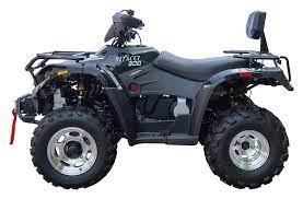 Black ATV with rugged tires and rear backrest, side view on a white background