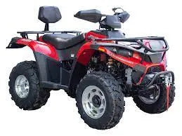 Red four-wheeler ATV with backrest and rugged tires on a white background