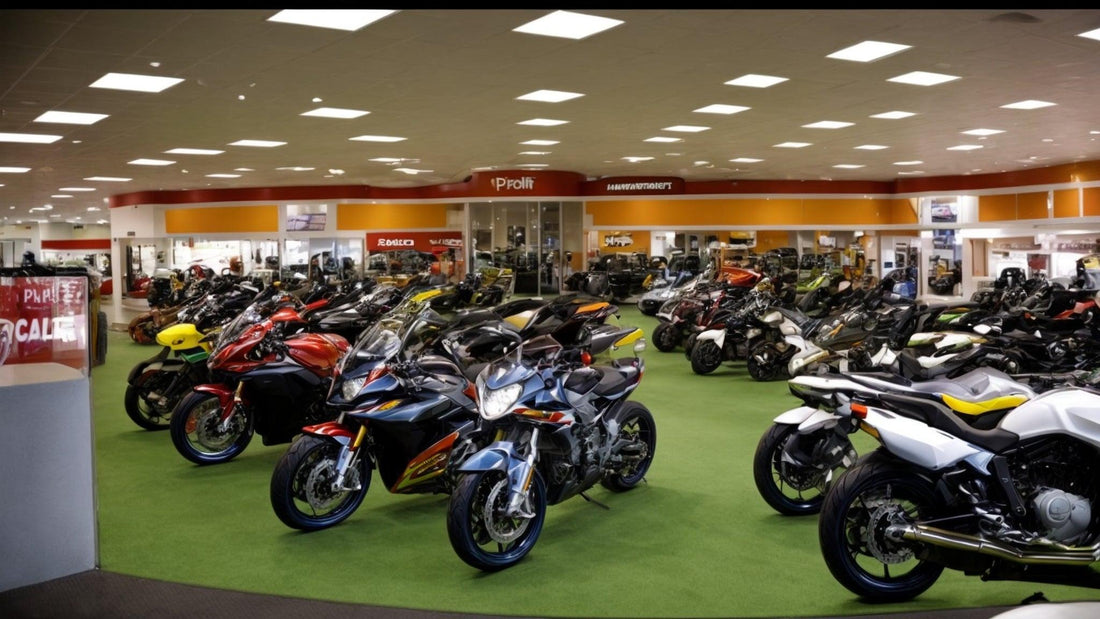 Showroom with new sport motorcycles, ATVs, and powersports vehicles on display indoors