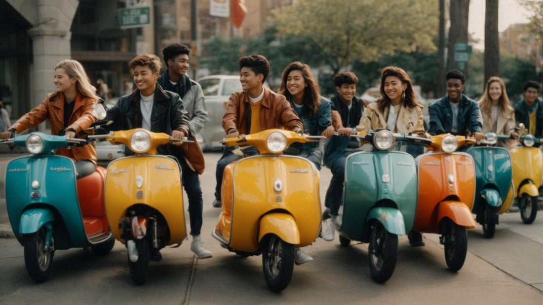 Group of young adults riding colorful scooters on a city street, smiling and enjoying the ride