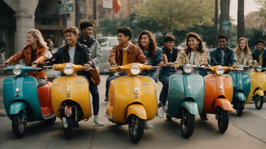 Group of young adults riding colorful scooters on a city street, smiling and enjoying the ride