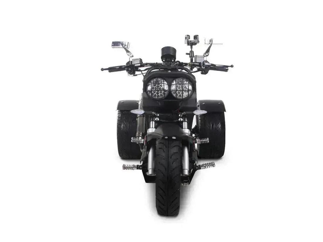 Front view of a black 150cc trike scooter with dual headlights and wide rear tires on white background.