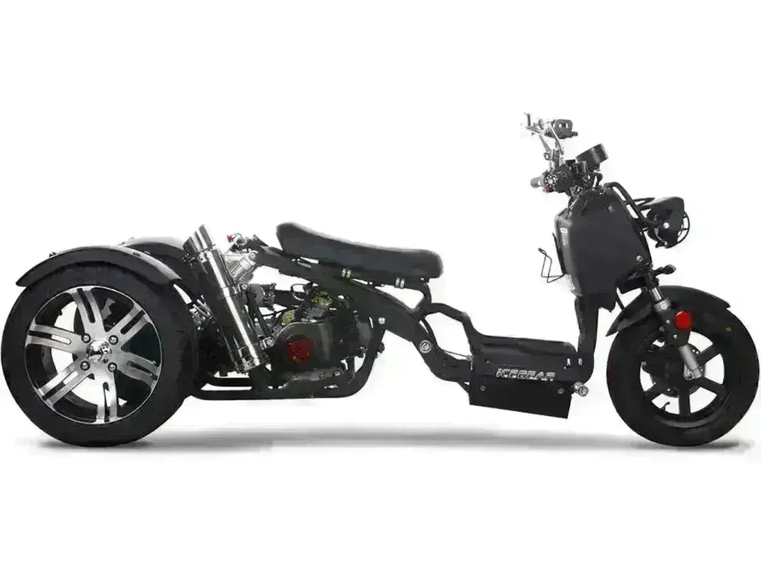 Black 150cc trike scooter with wide rear tires and chrome exhaust on white background