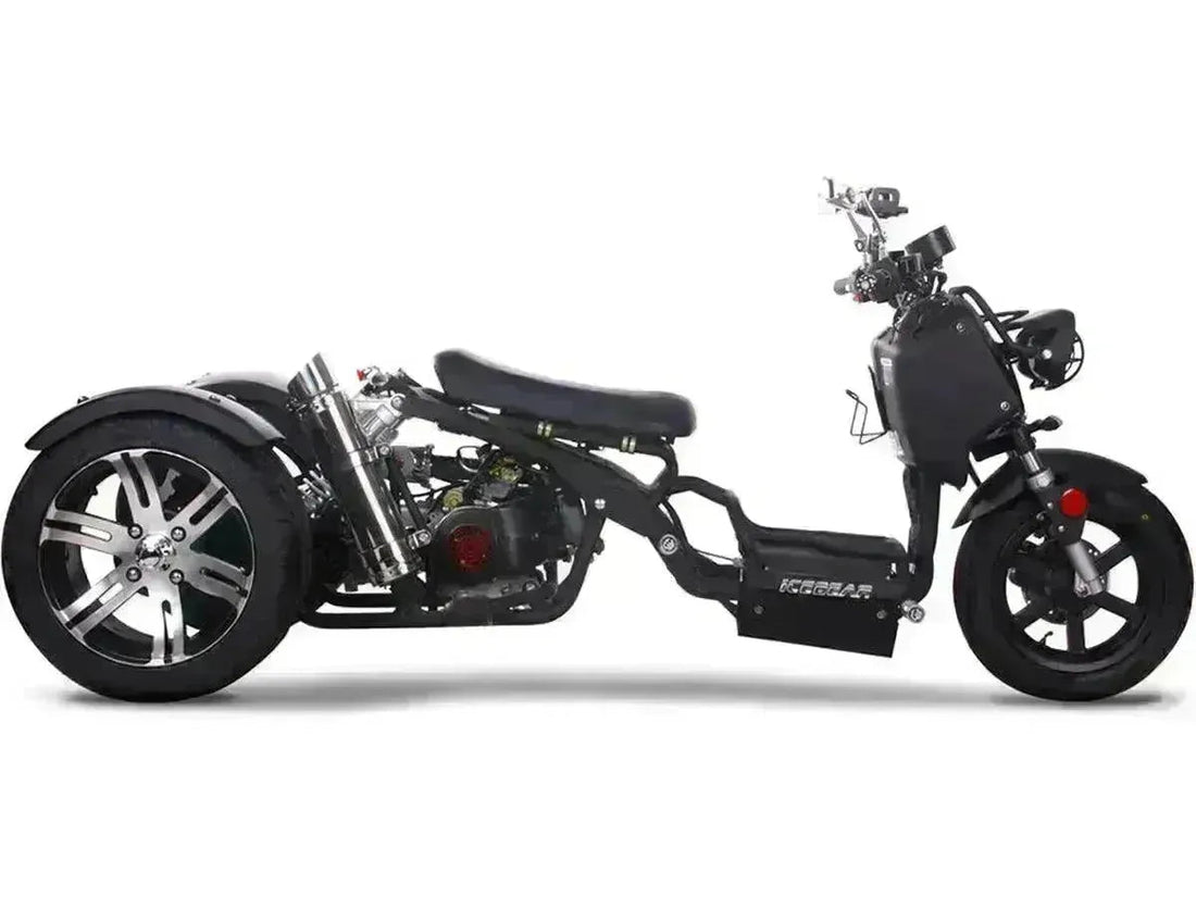 Black 150cc trike scooter with low profile frame and wide rear wheels on white background