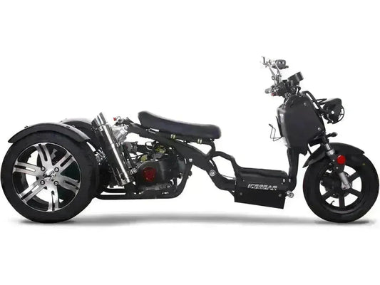 Black 150cc trike scooter with low profile frame and wide rear wheels on white background