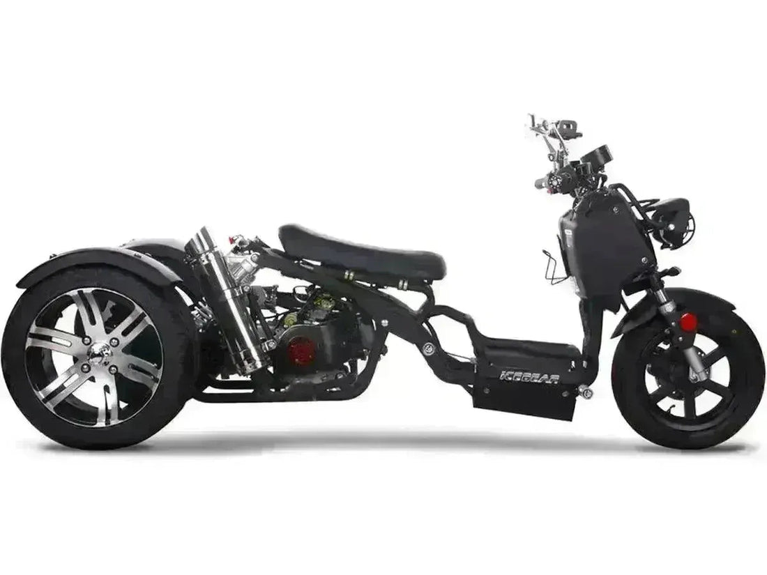 Black 150cc three wheel trike scooter with alloy wheels on a white background