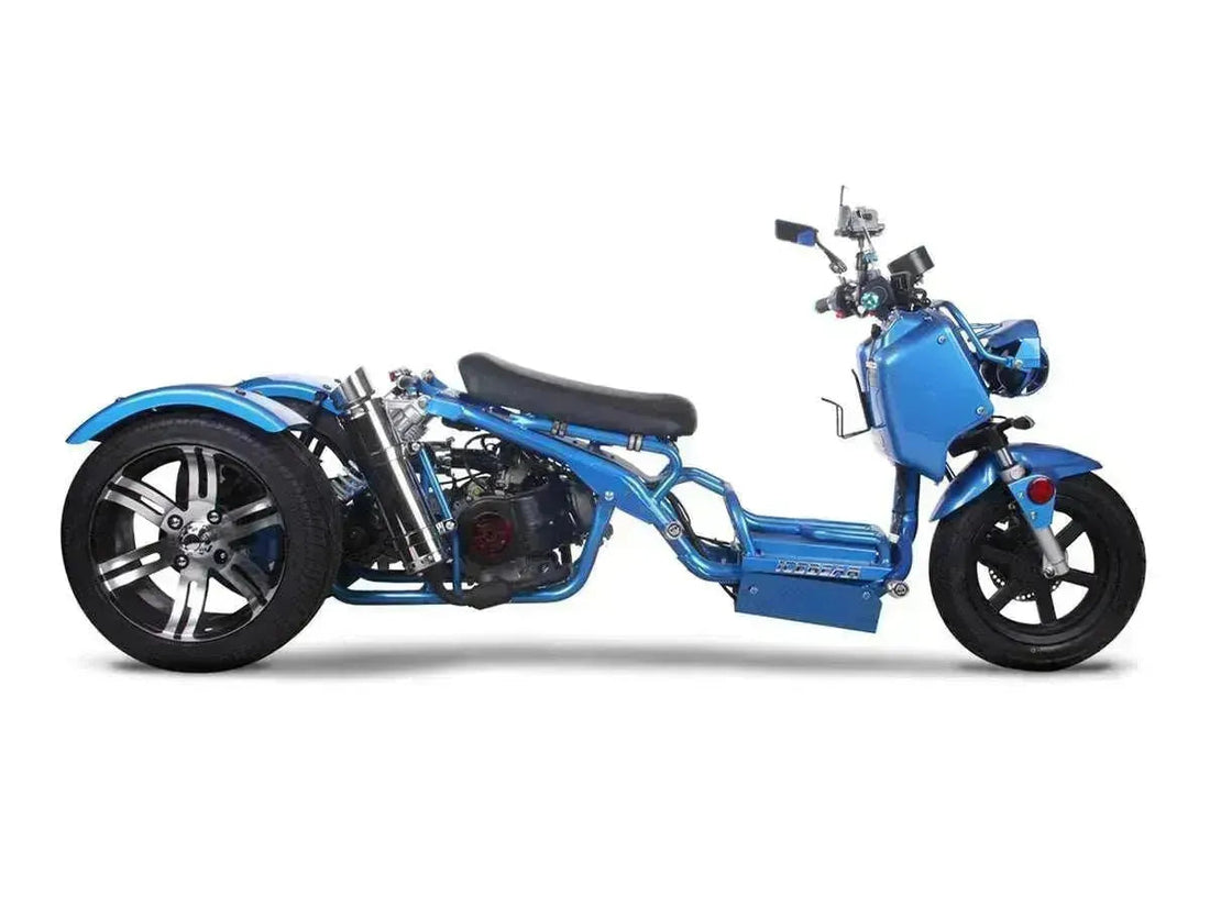 Blue 50cc trike scooter with low profile seat and large rear wheels on a white background