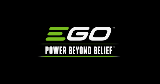 EGO Power equipment logo with green and white text on black background, slogan 'Power Beyond Belief'